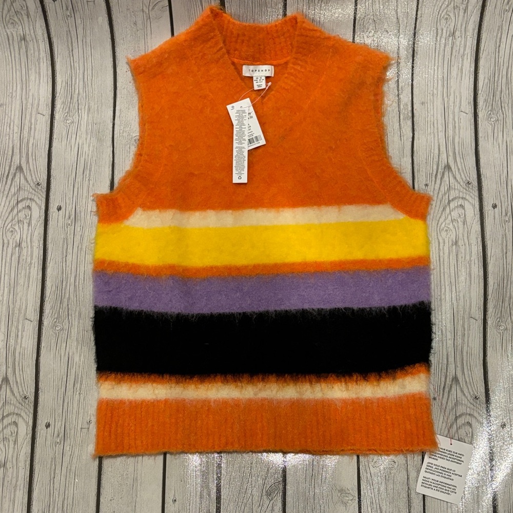 Topshop V-Neck Sweater Vest in Orange and Stripes NWT - Picture 1 of 5
